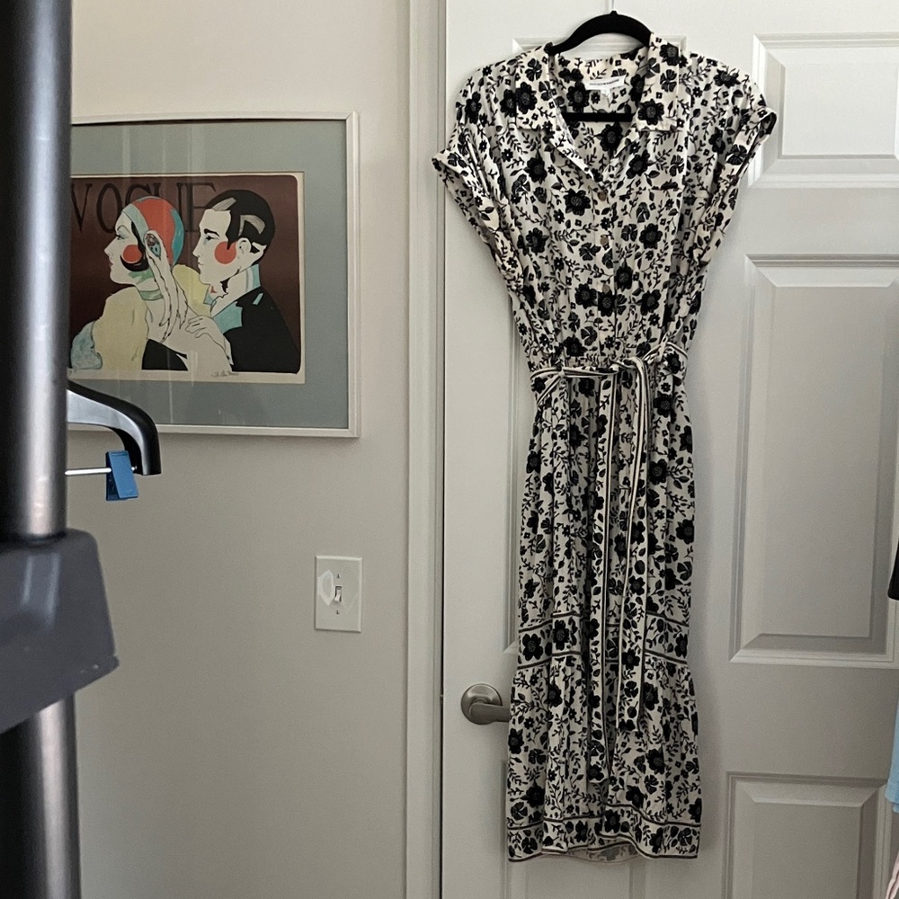 Lucky Brand Black Cream Floral Midi Dress Tie Waist Boho Cottagecore L XL
